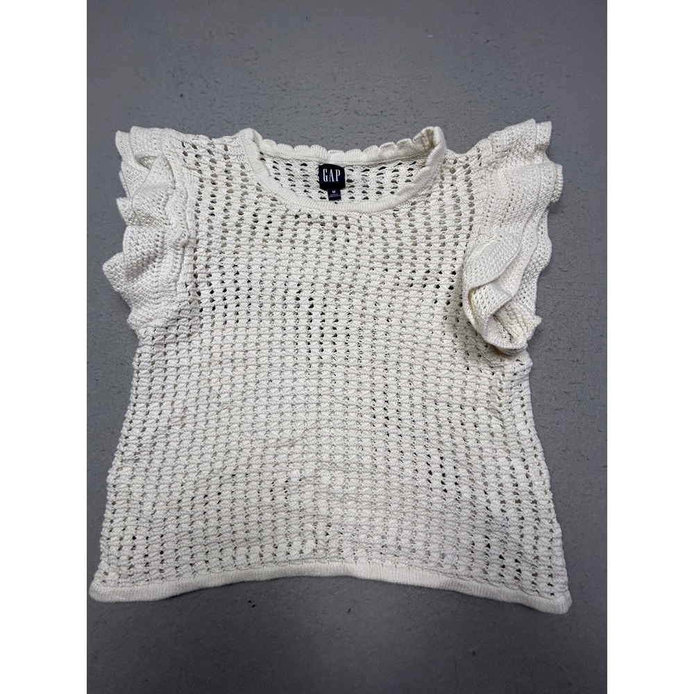 Gap Sweater Top 100% Cotton White Crochet Ruffle Sleeve Medium Womens